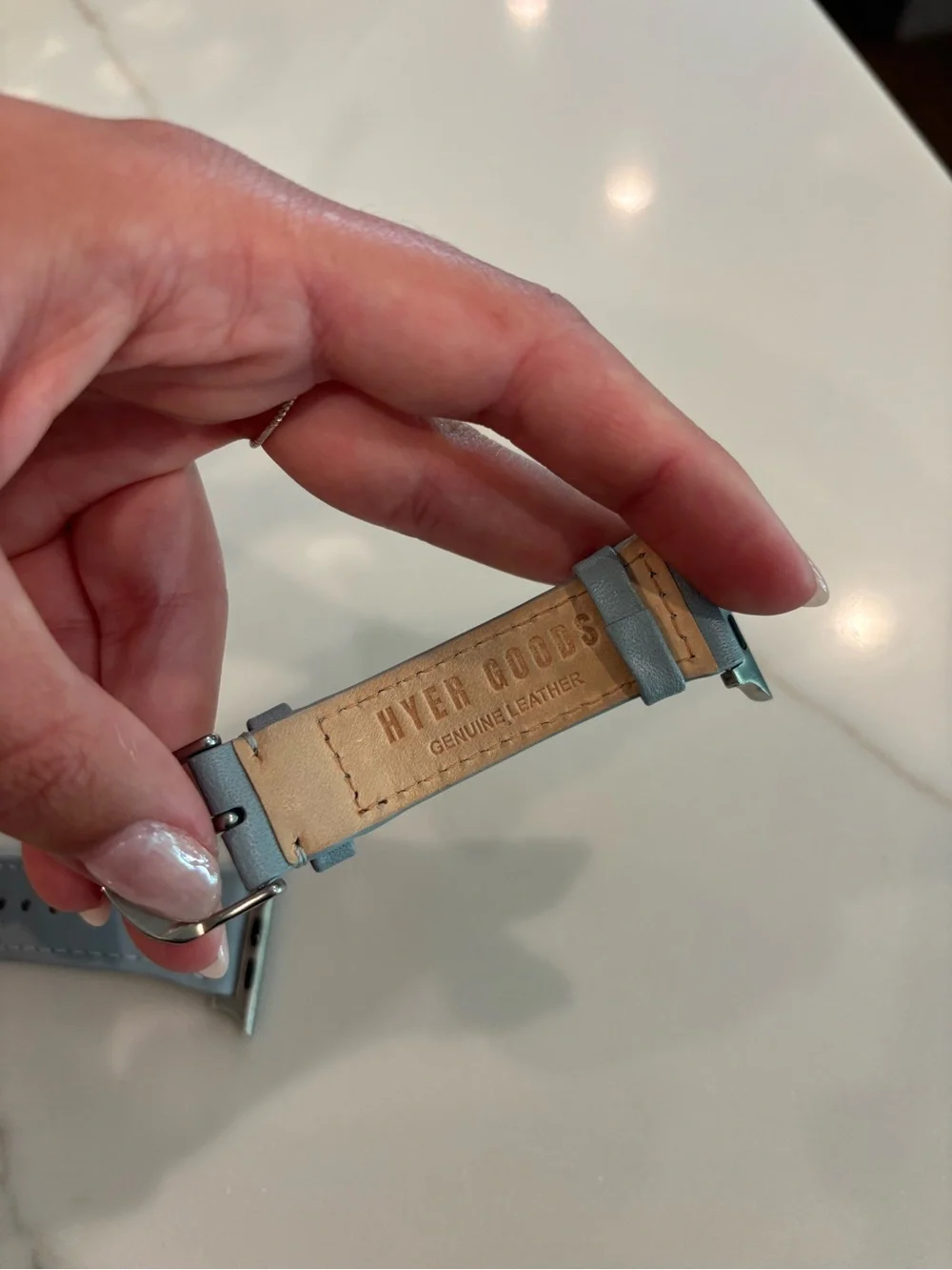 Hyer Goods Apple Watch Band Pale Blue Genuine Leather Silver Metal
